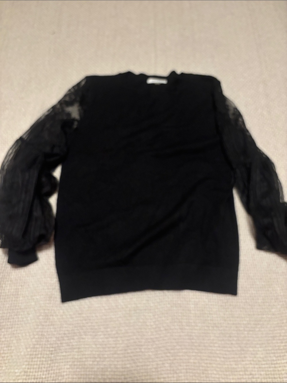 Sioni Black Crewneck Sweater with Sheer Lace Balloon Sleeves
